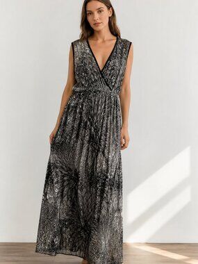 Dream Dance Peacock Print Maxi Dress XL Sequin Embellished Sleeveless